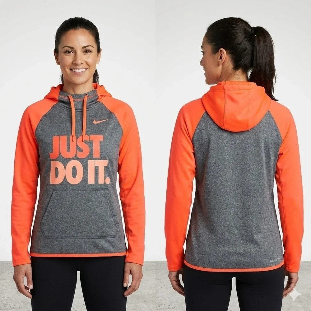 Nike Women's Therma-Fit Hoodie Medium Gray Neon Orange Just Do It Pullover